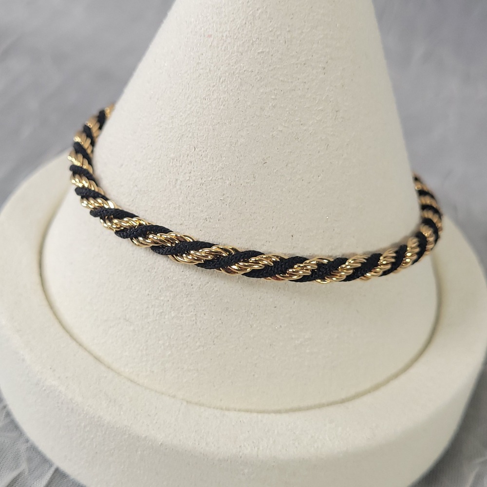 Trifari Rope Chain Bracelet Womens 7.25 Gold Black Twisted Cord Vintage